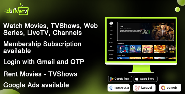 DTLiveTV – Flutter Android TV App – Movies – TV Series – Live TV – Channels – OTT – Admin Panel (15 September 2023)